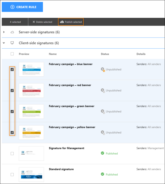 Publishing the prepared Outlook (client-side) signatures.