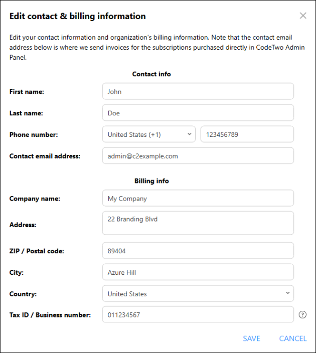 Editing contact info of the currently signed-in account.