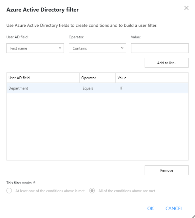 Azure Active Directory filter options.