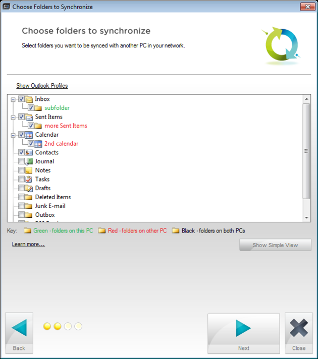 Advanced View - choosing folders to synchronize in CodeTwo Outlook Sync.