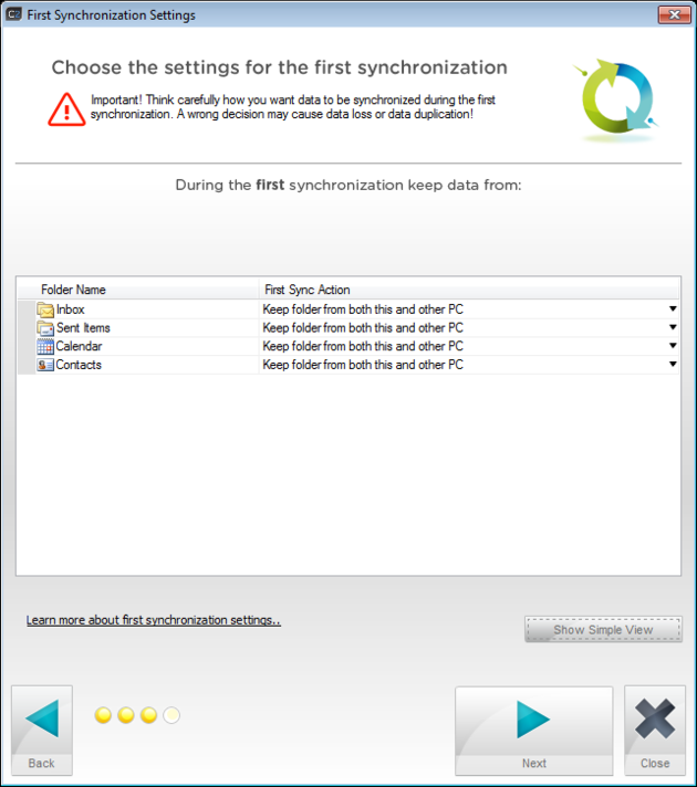 Advanced View - choosing data synchronization types.