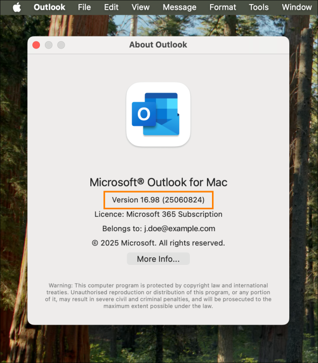 Outlook version number as shown in Outlook for Mac.