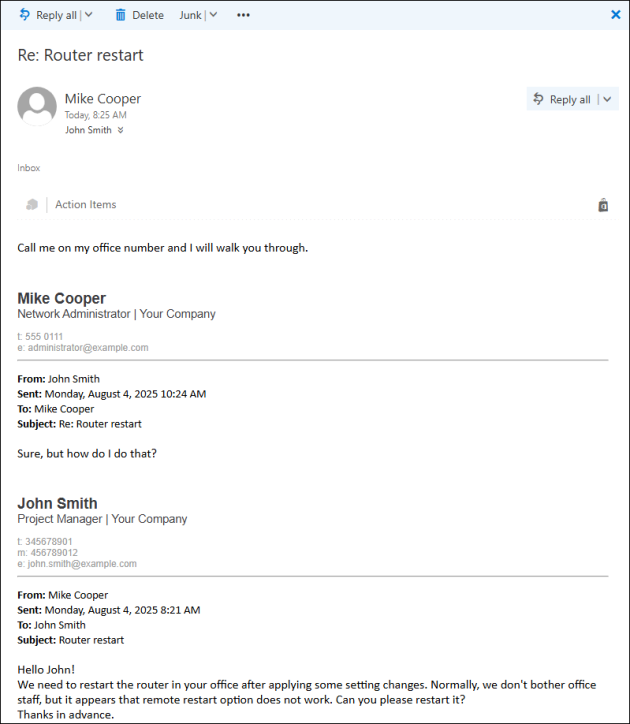 Mike's short signature stamped when continuing a discussion with John.