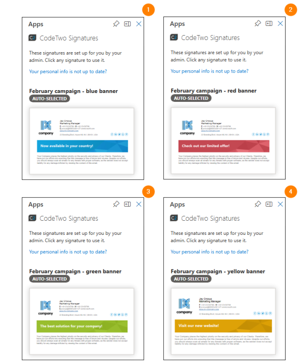 Rotating signatures preview in the CodeTwo add-in pane.