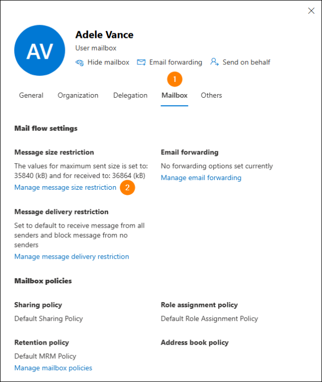 Accessing a mailbox’s message size settings.