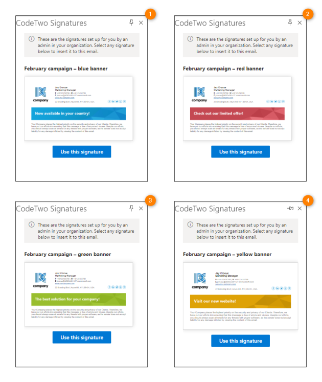 Rotating signatures preview in the CodeTwo Signatures pane.