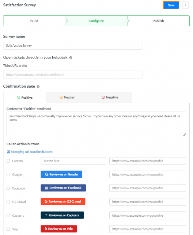 Configuring landing pages for specific rating buttons.