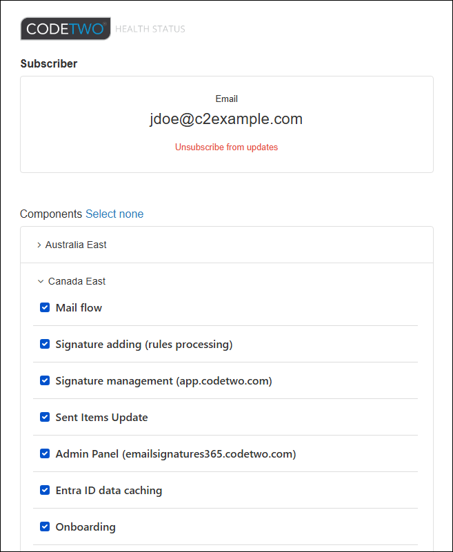 Email subscription editing is possible via the status page.