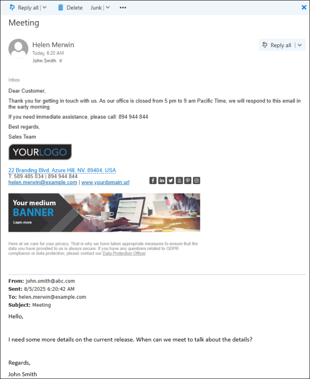 The autoreply sent outside the working hours.