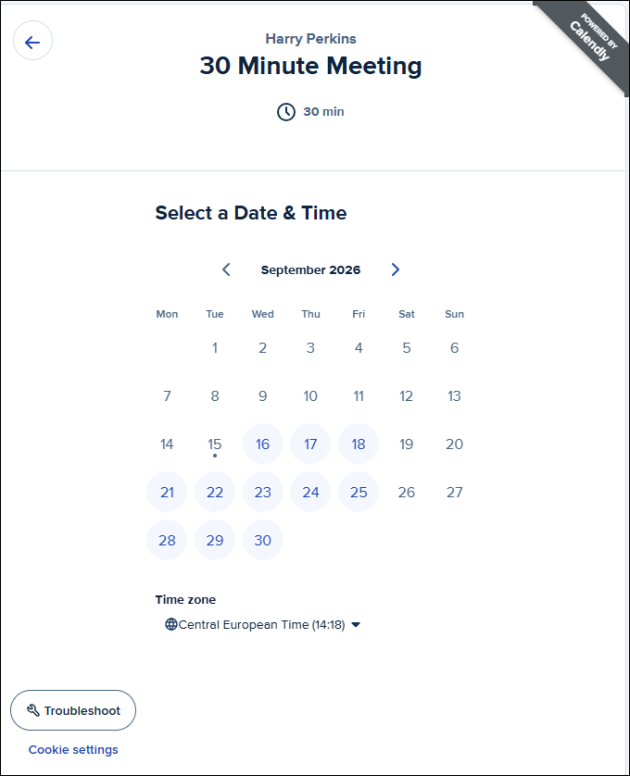 A Calendly scheduling page.