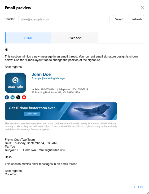 You can preview the signature for a specific user in your company.