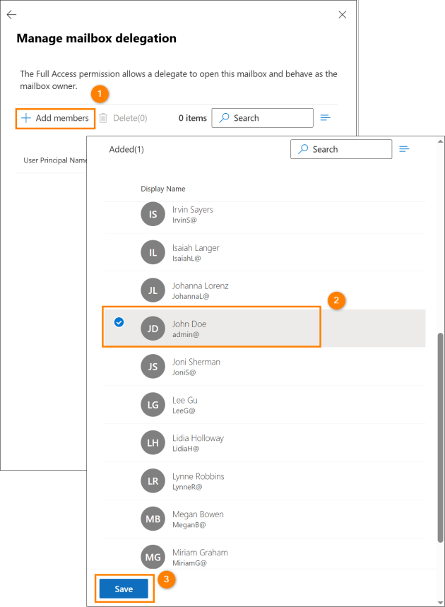 Assigning mailbox permissions to specific users.