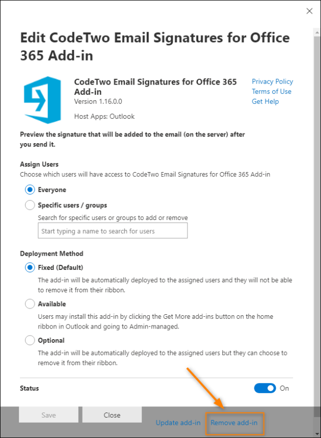 Add-in information window.