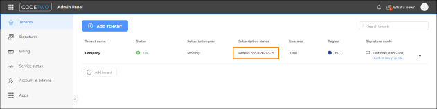 Subscription renewal date shown in CodeTwo Admin Panel for a specific tenant.