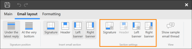 You can access email section settings from the ribbon.