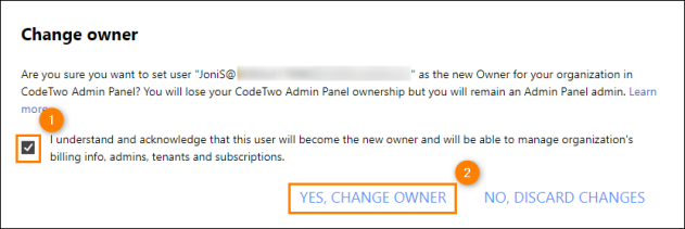 Confirming the change of CodeTwo Admin Panel Owner.