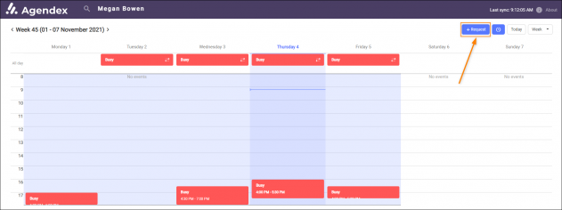 An Agendex calendar page allowing an email recipient to request a meeting at a chosen free time slot.