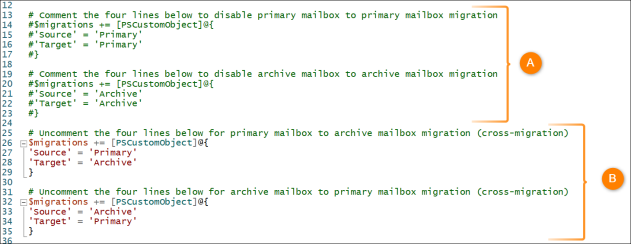 The script settings modified to let you complete cross-migration (primary to archive and vice versa).