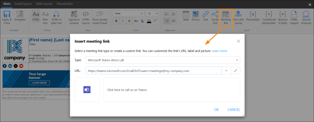 Creating a Microsoft Teams meeting link.