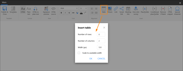 Inserting a table into the editor.
