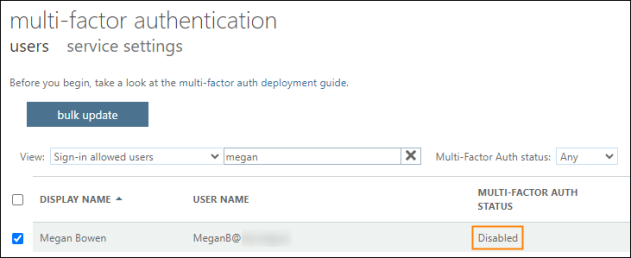 The MFA portal showing that multi-factor authentication is disabled for the selected user.