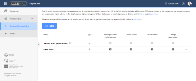 The Access rights admins page (Advanced access rights management).
