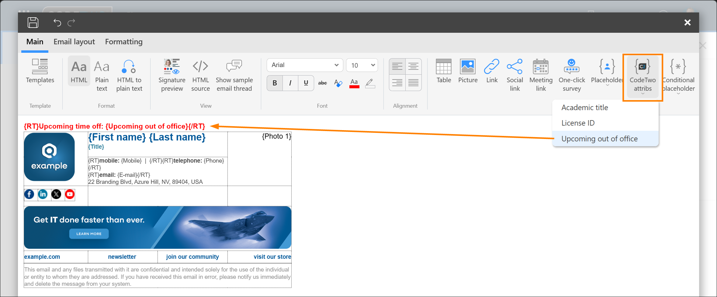 Inserting a CodeTwo custom attribute into a signature template.
