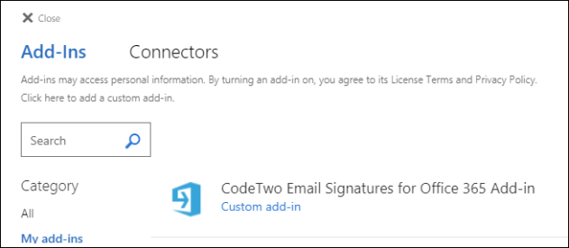 CodeTwo Email Signatures for Office 365 Add-in after successful installation.