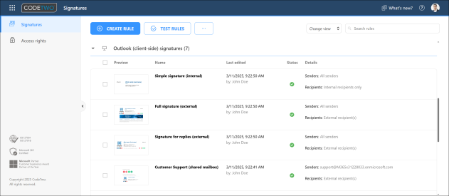 Outlook (client-side) signature rules in CodeTwo's Signatures app.
