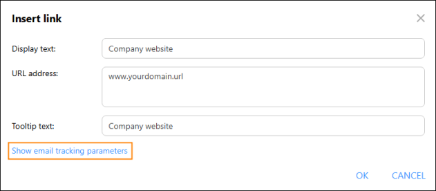 Showing email tracking parameters in the link editing window.