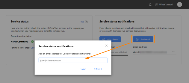 Subscribing to service status notifications in CodeTwo Admin Panel.