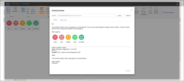 Previewing a survey in the signature template editor.