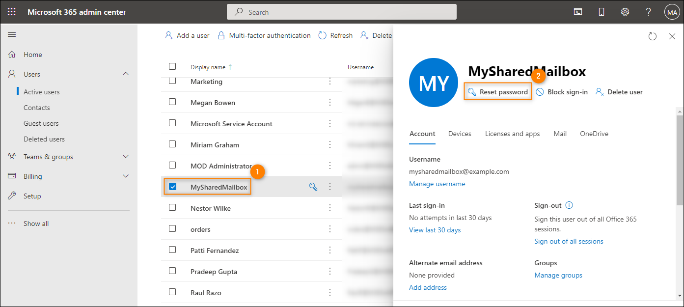 Locating the Reset password option for a shared mailbox.