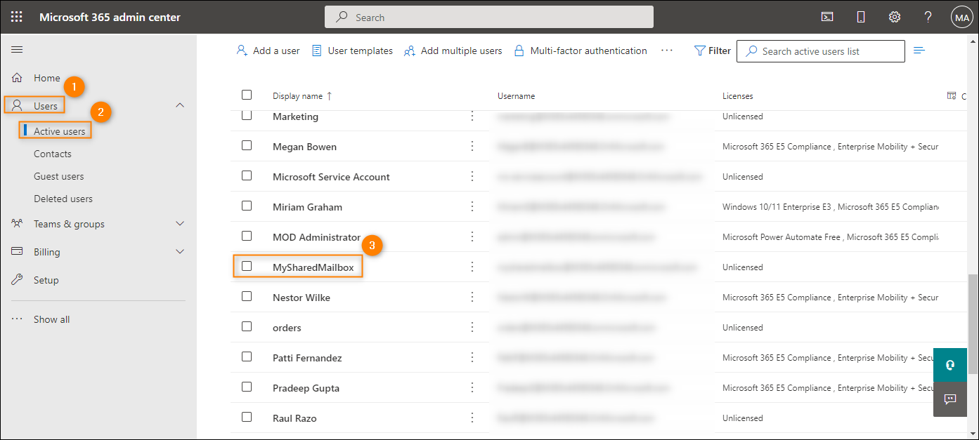 Opening shared mailbox properties in the Microsoft 365 admin center.