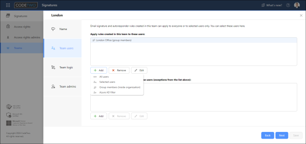 Selecting team users – only these users will get signatures / automatic replies created within this team.