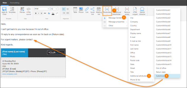 Inserting the CodeTwo custom attribute into the OOF reply template.