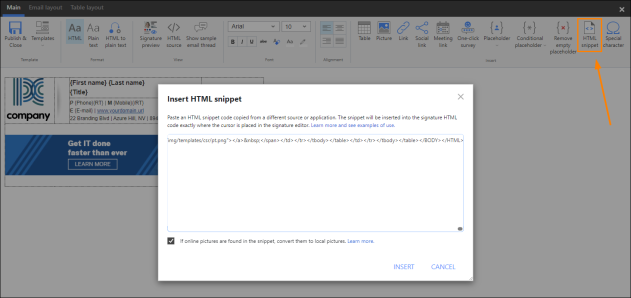 Using the HTML snippet option to import an HTML signature template into the editor.