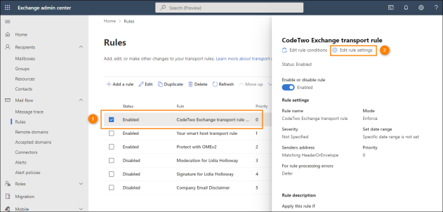 Editing the settings of the CodeTwo Exchange transport rule.