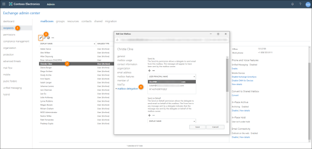 Managing delegate permissions to a user mailbox in EAC in an on-premises environment.
