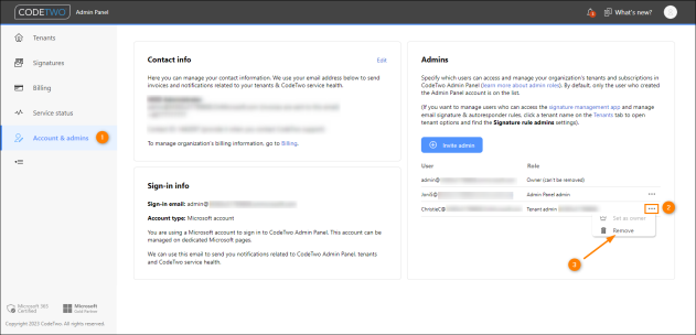 Removing a user from CodeTwo Admin Panel admins.