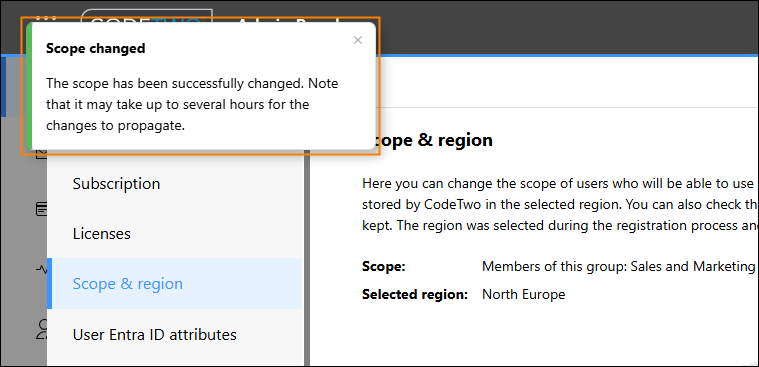 Toast notification appearing in CodeTwo Admin Panel.