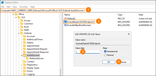 Editing the ExcludeExplicitO365Endpoint value for the Autodiscover service in the Registry Editor.