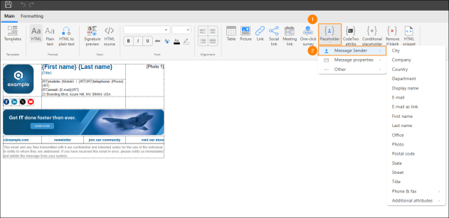 Accessing Entra ID (Microsoft 365) attributes in the signature template editor.