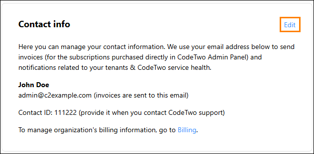 The Contact info section on the Account & admins page in CodeTwo Admin Panel.