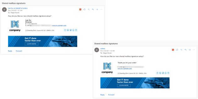 Emails sent on behalf of (left) and as (right) a shared mailbox with server-side signatures added by CodeTwo.