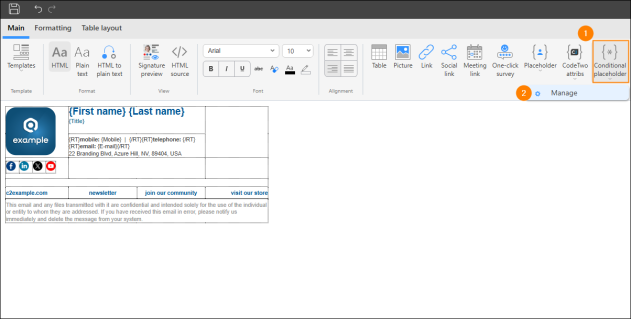 Accessing the conditional placeholders manager in the signature template editor.
