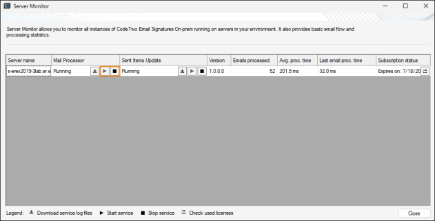 Restarting the CodeTwo Mail Processor from the Server Monitor window.