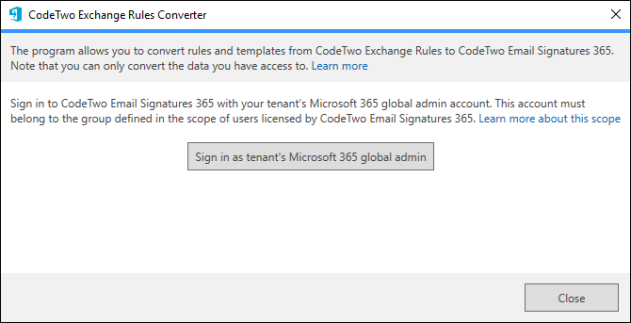 Signing in to CodeTwo Email Signatures 365.