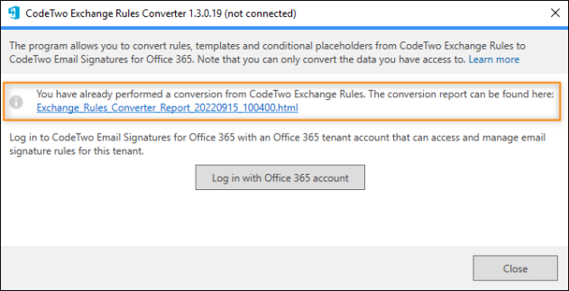 A link to the report of the previously performed conversion process.