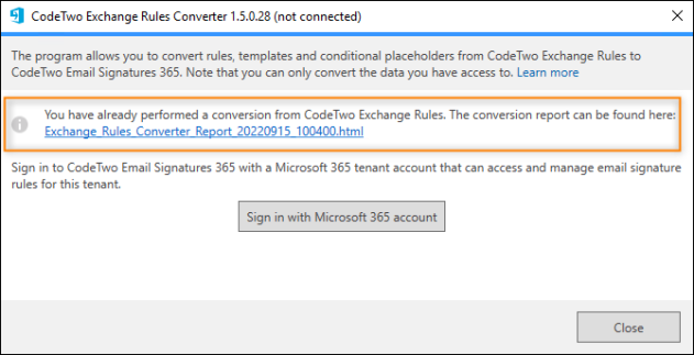 A link to the report of the previously performed conversion process.